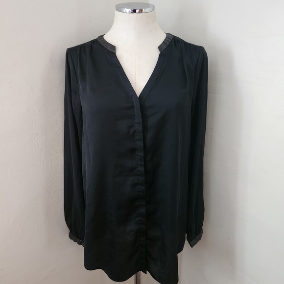 Dkny Tops - DKNY Black Satin Blouse with Faux Leather Trim Women's Size Small